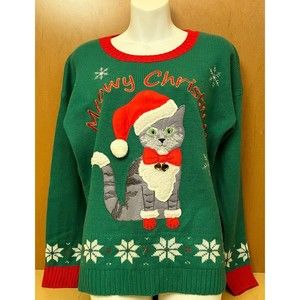 Ugly Christmas Sweater Kitty Cat Bell United States Sweater  Green Medium